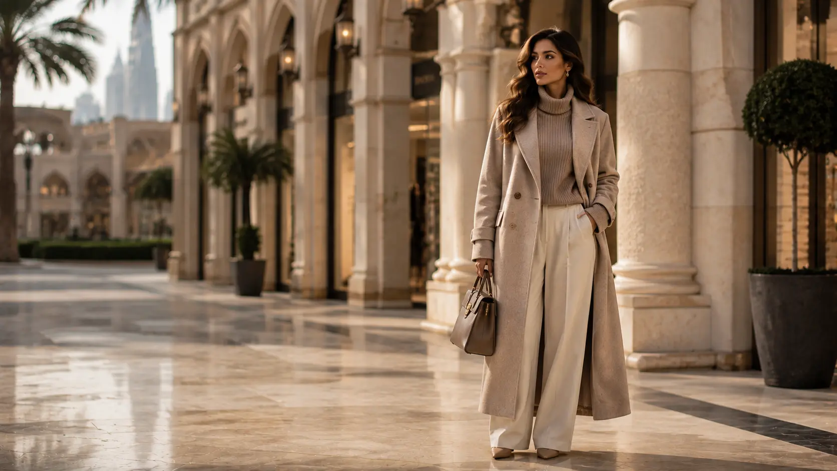 Adult woman wearing a sophisticated layered winter outfit at a luxury Dubai shopping destination