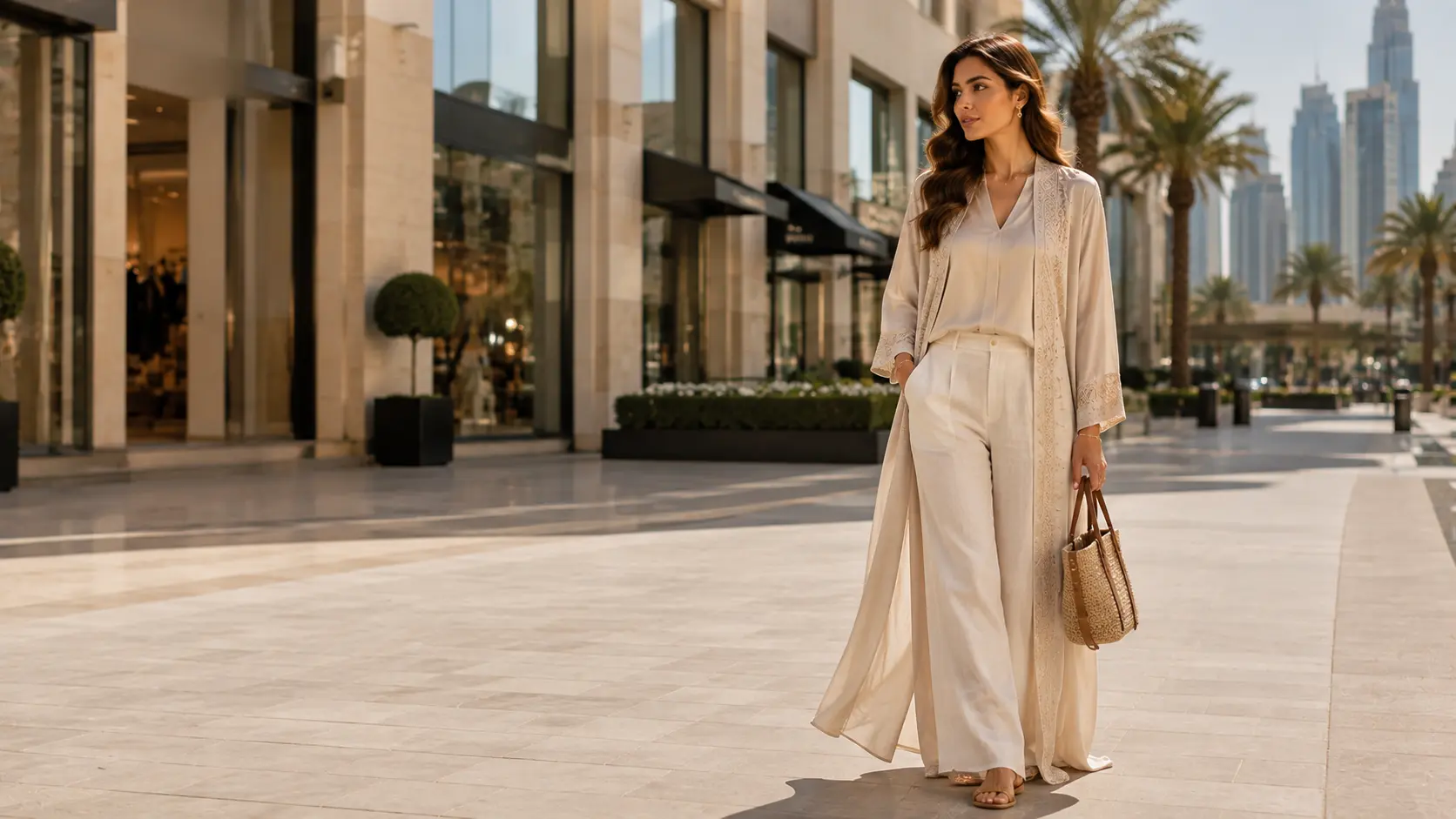 Adult woman wearing an elegant contemporary summer outfit while shopping in Dubai