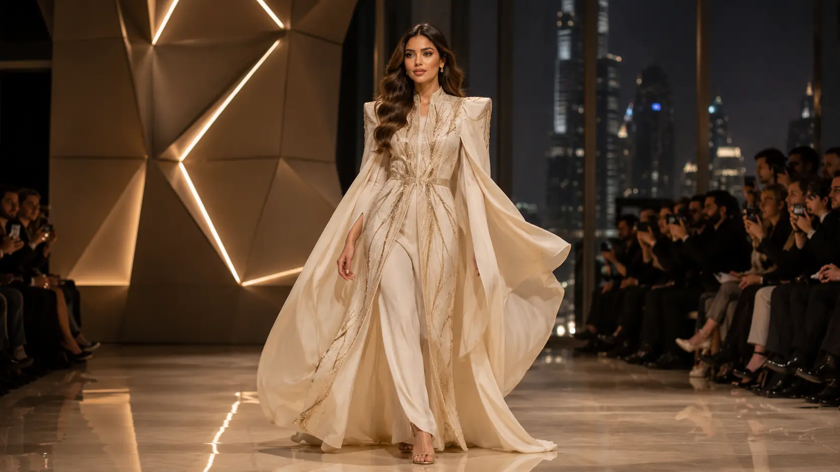 Contemporary couture fashion model presenting an architectural luxury look at a Dubai runway show