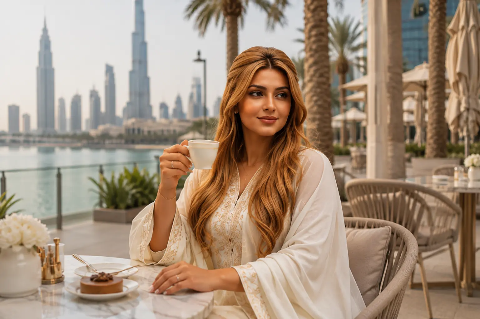 Dubai fashion woman enjoying coffee at a waterfront cafe