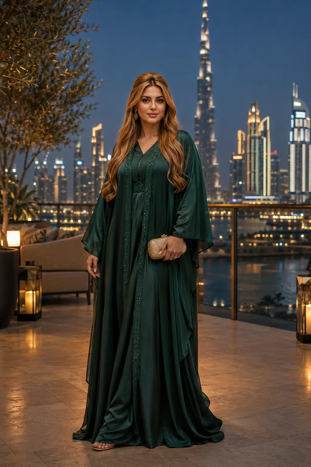 Elegant UAE woman wearing luxury evening fashion in Dubai