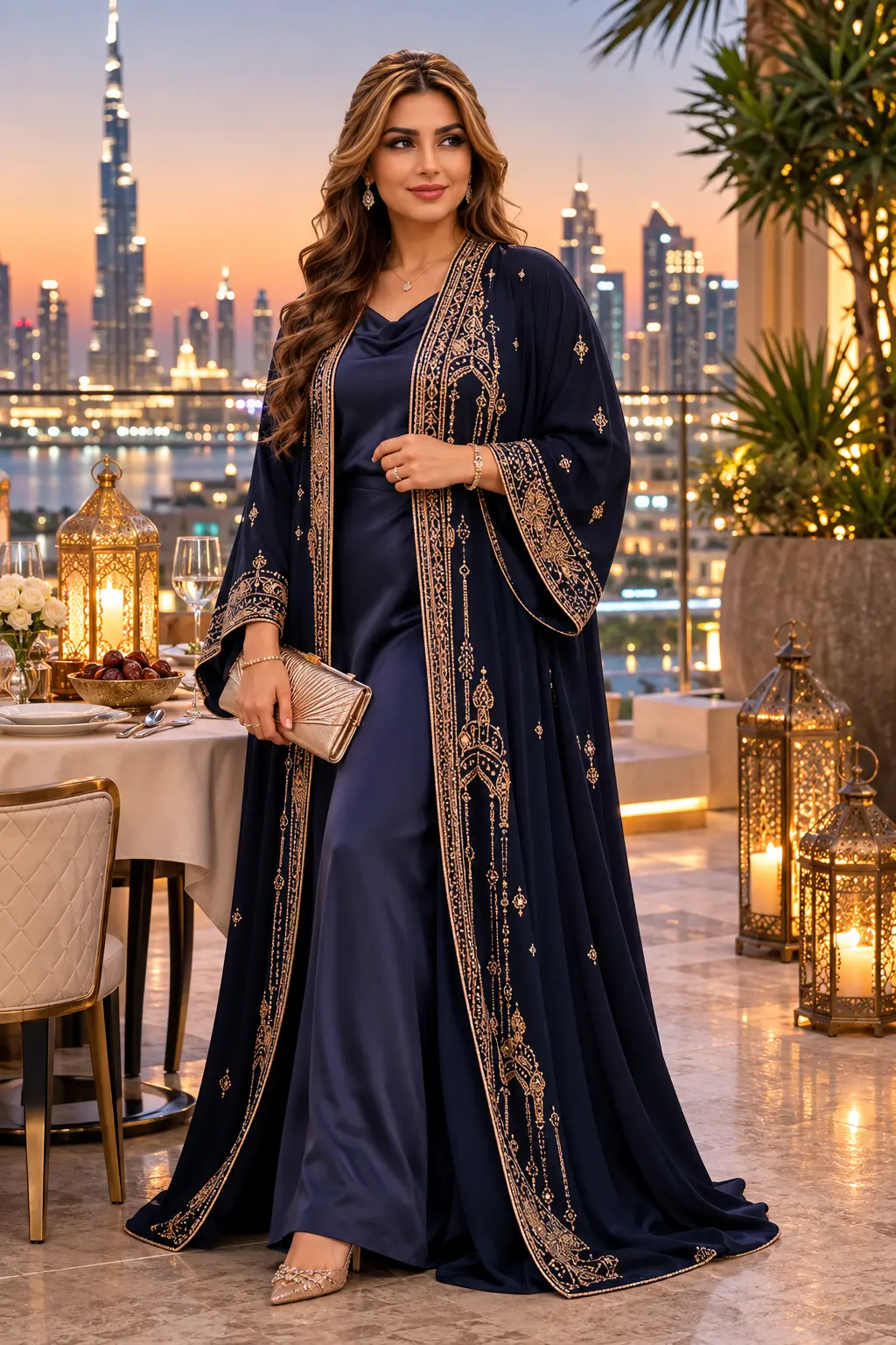Luxury navy and gold Ramadan evening abaya for Iftar in Dubai