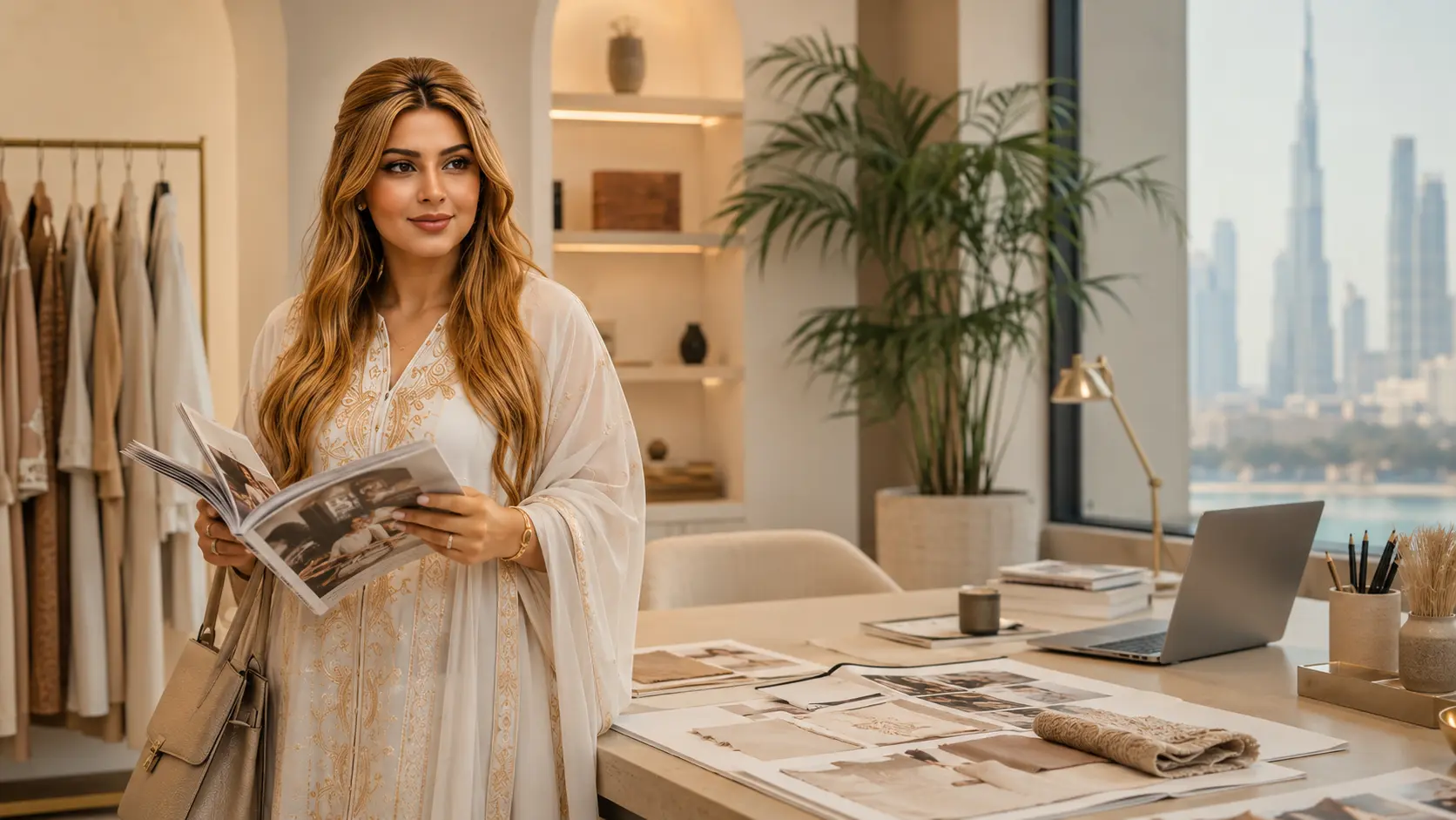 UAE fashion woman in a modern Dubai editorial studio