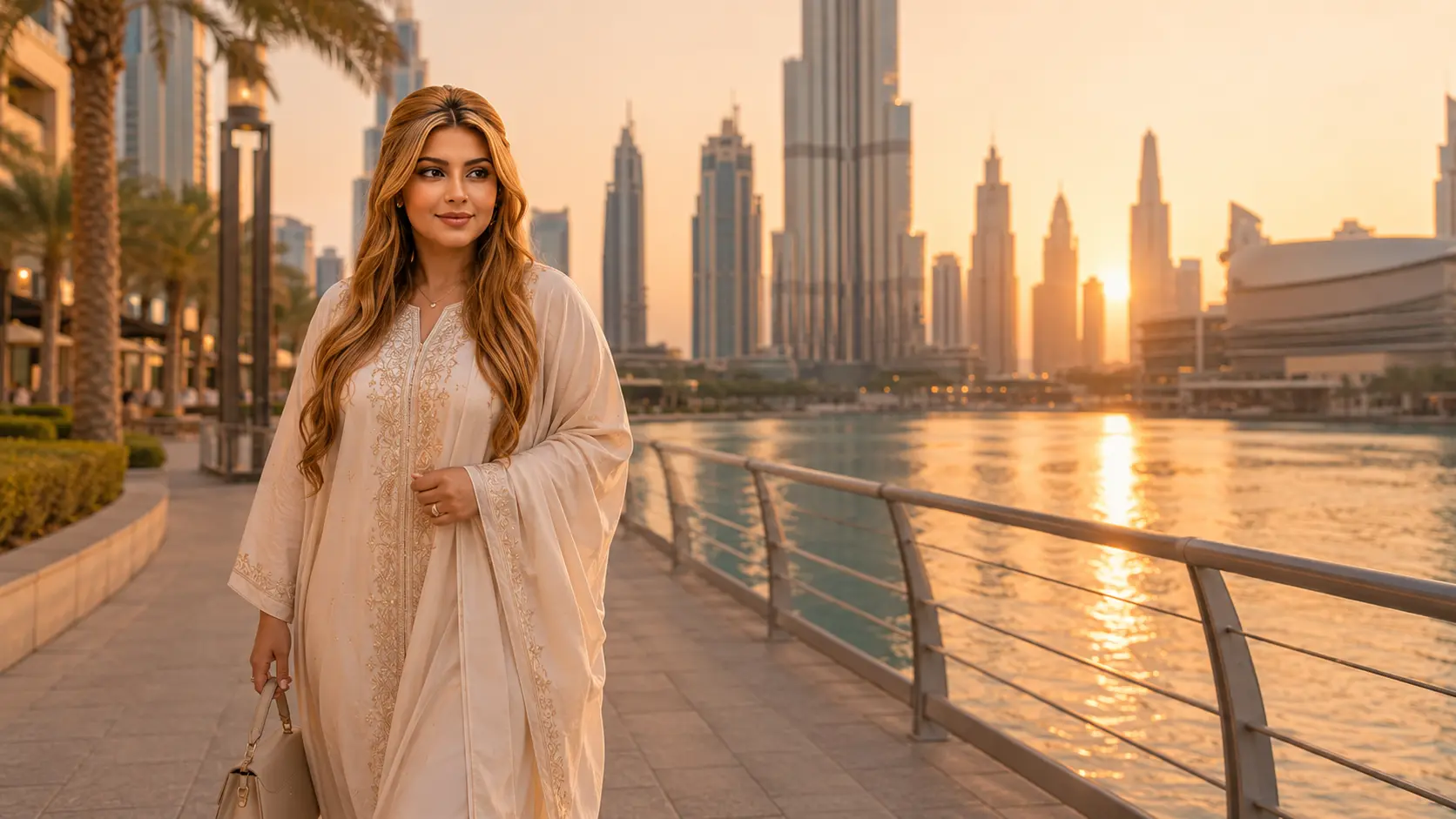 UAE fashion woman walking beside Dubai waterfront at sunset