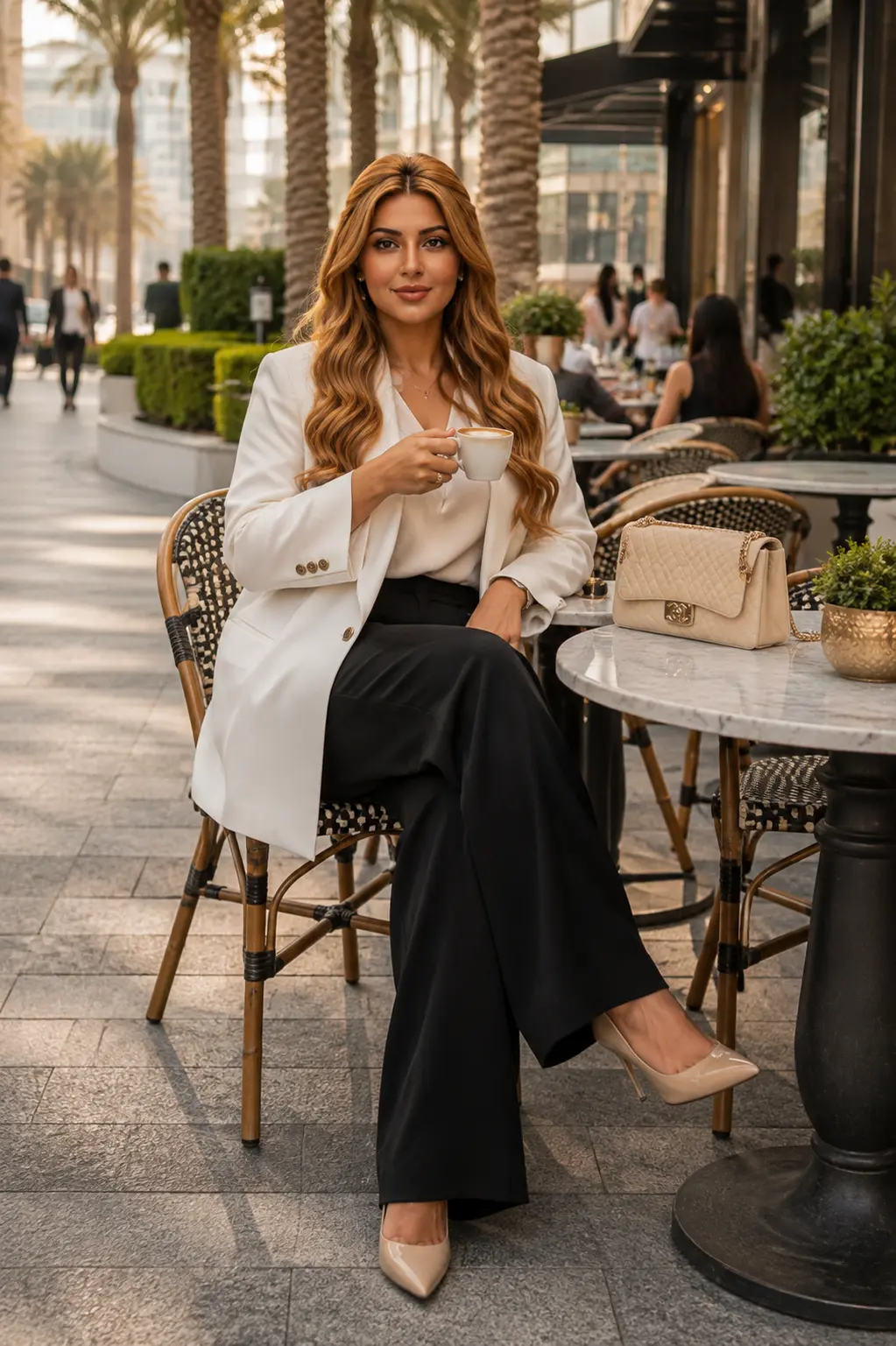 UAE fashion woman wearing contemporary street style at a Dubai cafe