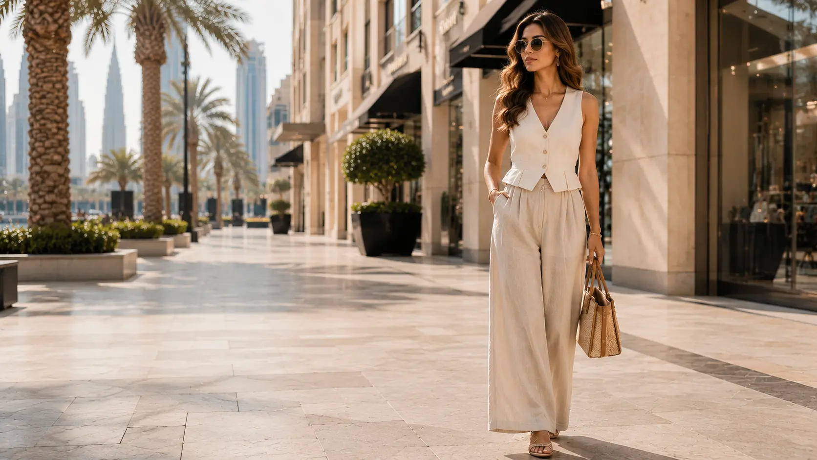 Adult woman in sophisticated summer street style in a Dubai shopping district