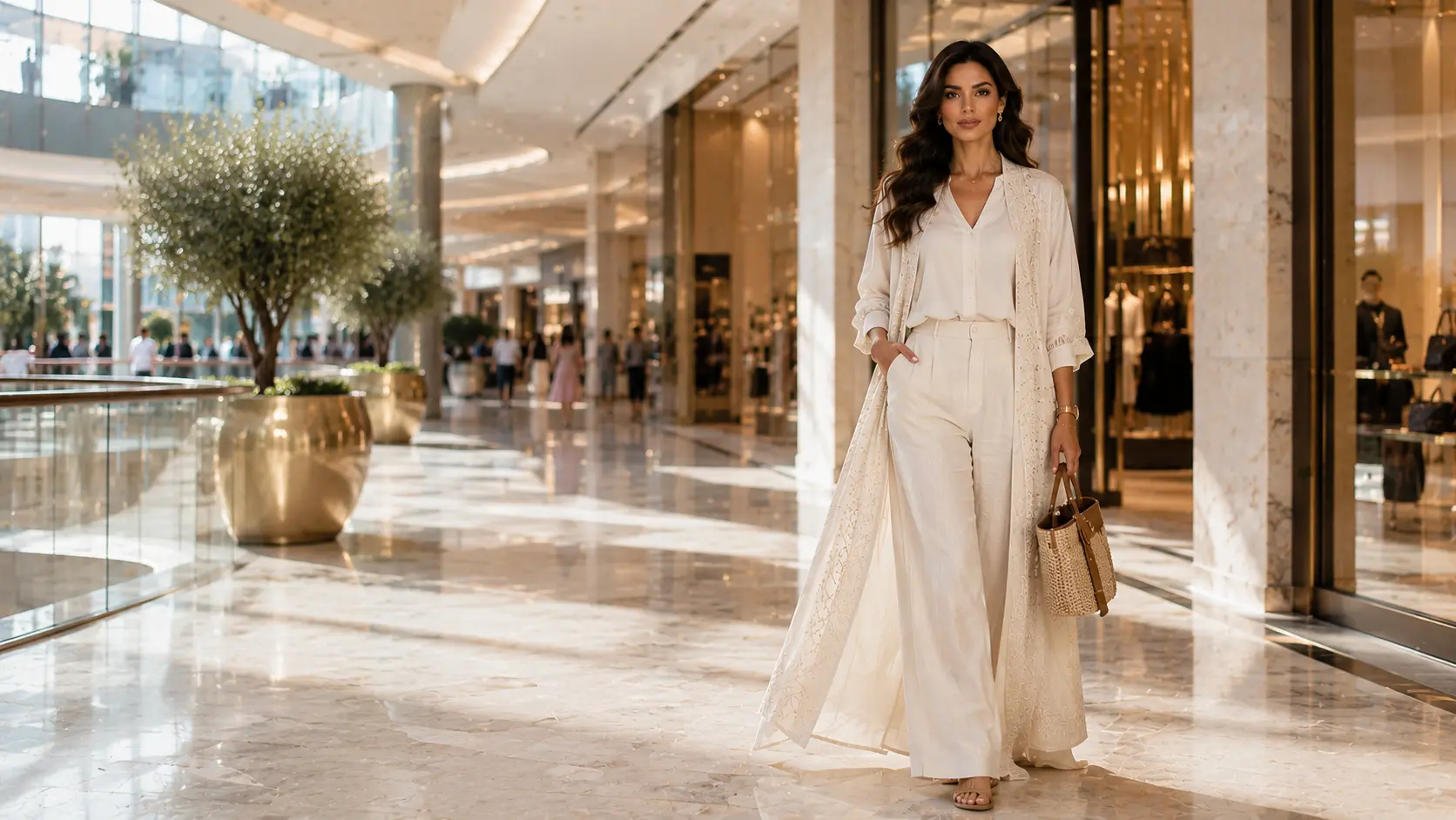 Adult woman wearing an elegant summer outfit in a luxury Dubai shopping mall