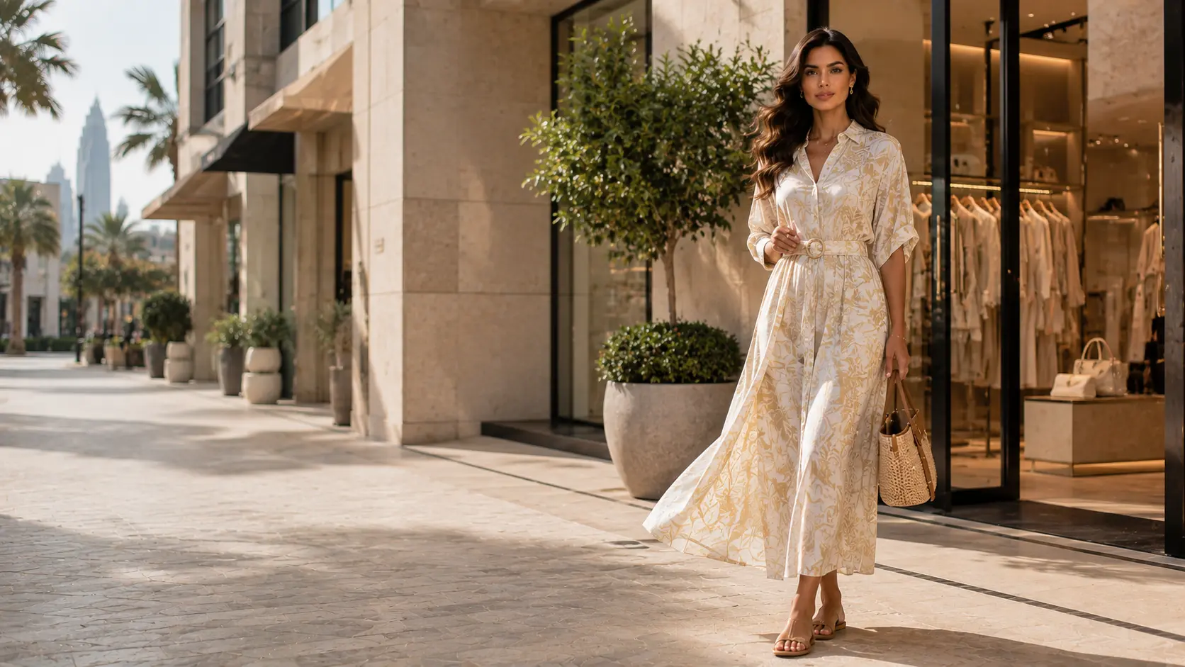 Adult woman wearing contemporary summer fashion outside a Dubai boutique