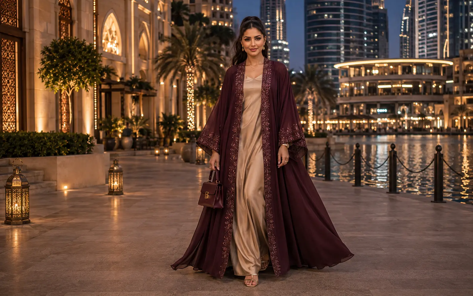 Contemporary Dubai Eid fashion look at a luxury waterfront