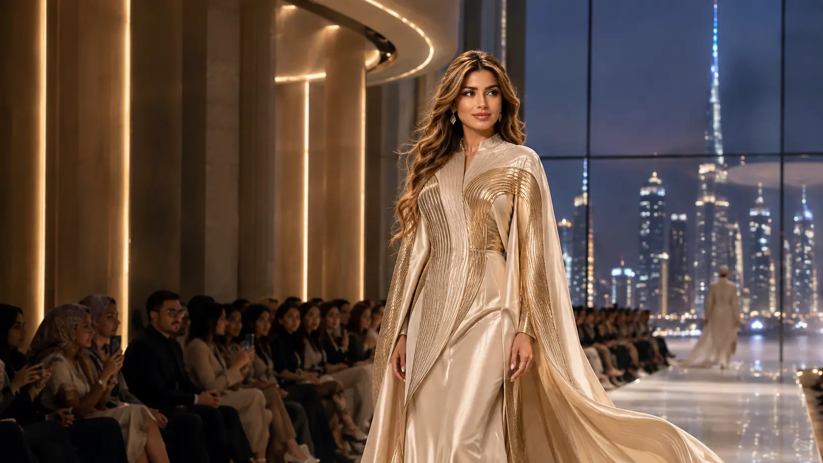 Dubai Fashion Week runway featuring an elegant Middle Eastern model in a contemporary luxury gown