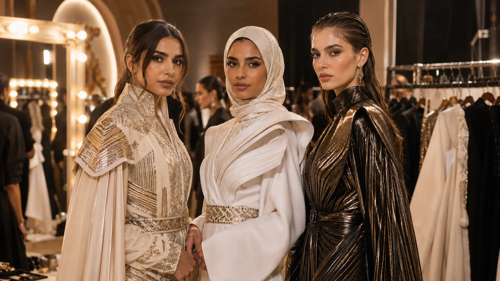 Fashion models backstage at Dubai Fashion Week wearing contemporary luxury designer inspired outfits
