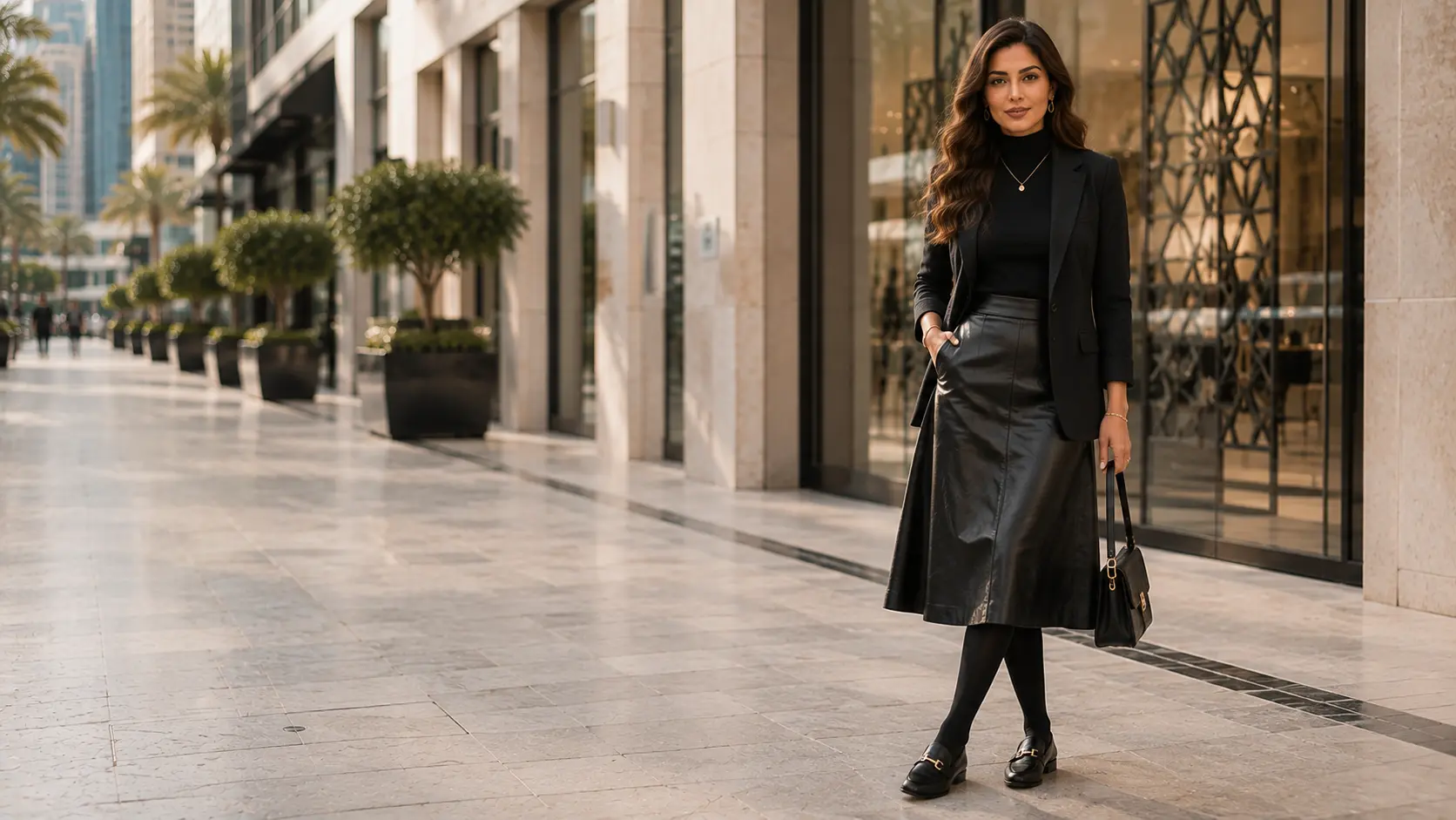 Adult woman wearing a leather skirt, black leggings and tailored blazer