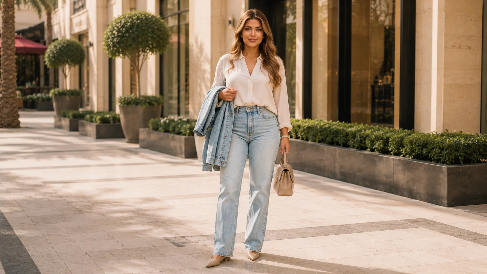 Adult woman wearing a light-wash denim outfit for spring in Dubai