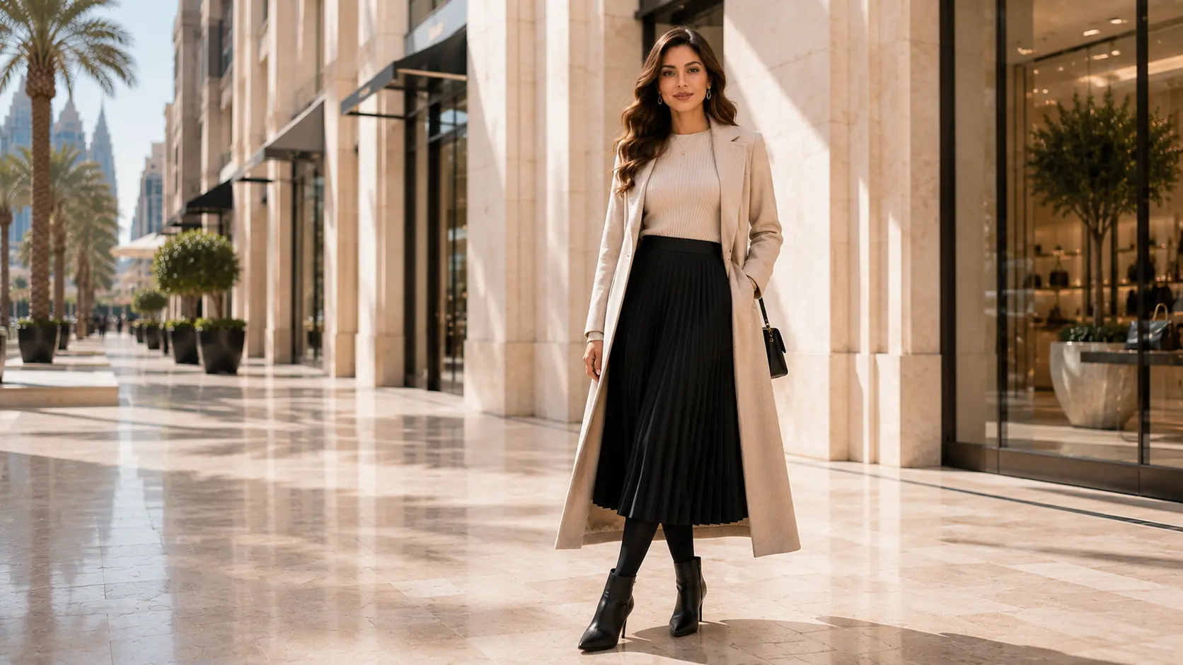 Adult woman wearing a midi skirt, black leggings and long coat