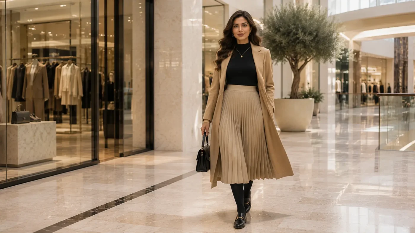 Adult-woman-wearing-a-pleated-skirt-and-black-leggings-outfit