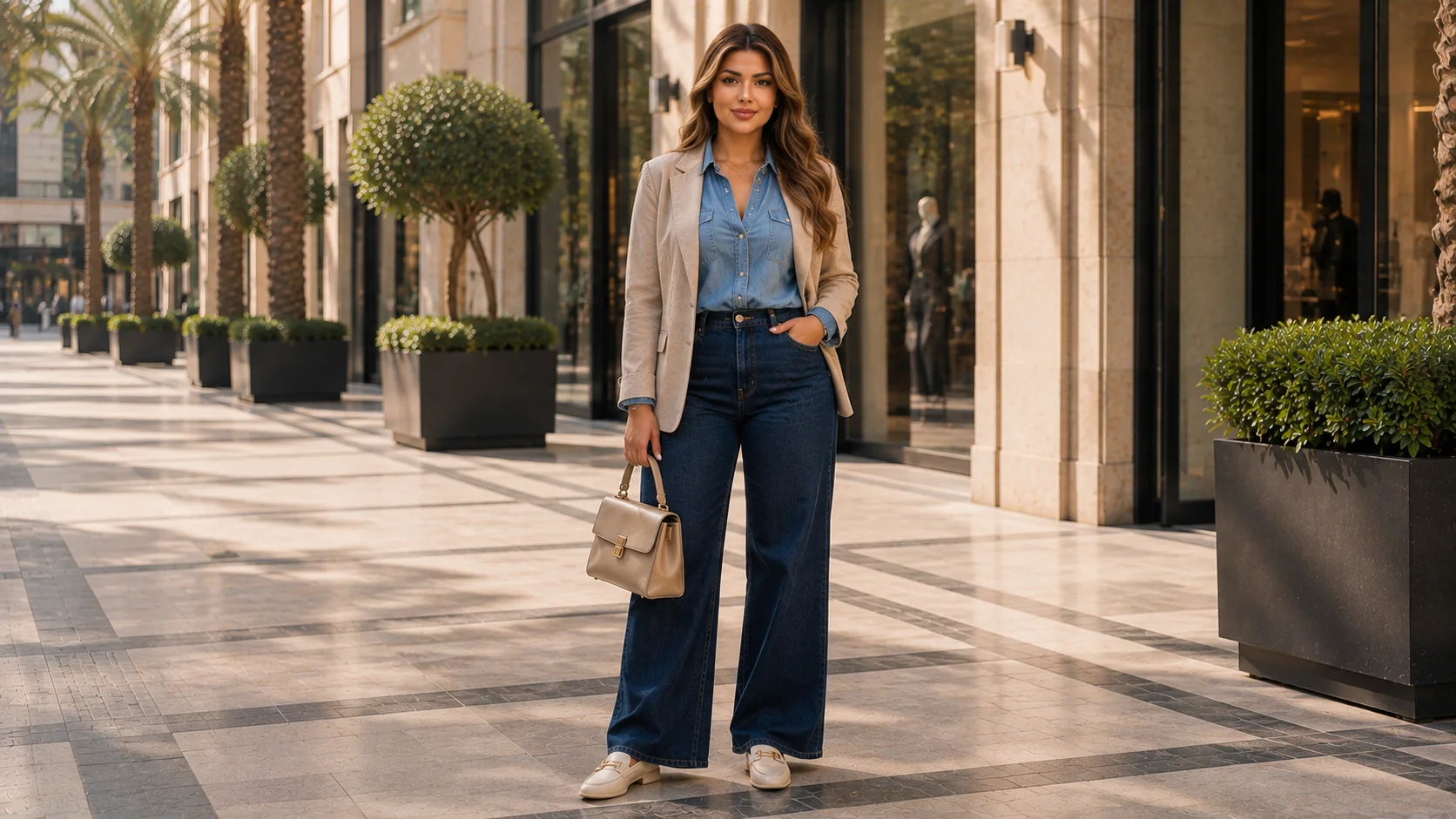 Adult woman wearing a sophisticated double-denim outfit in Dubai