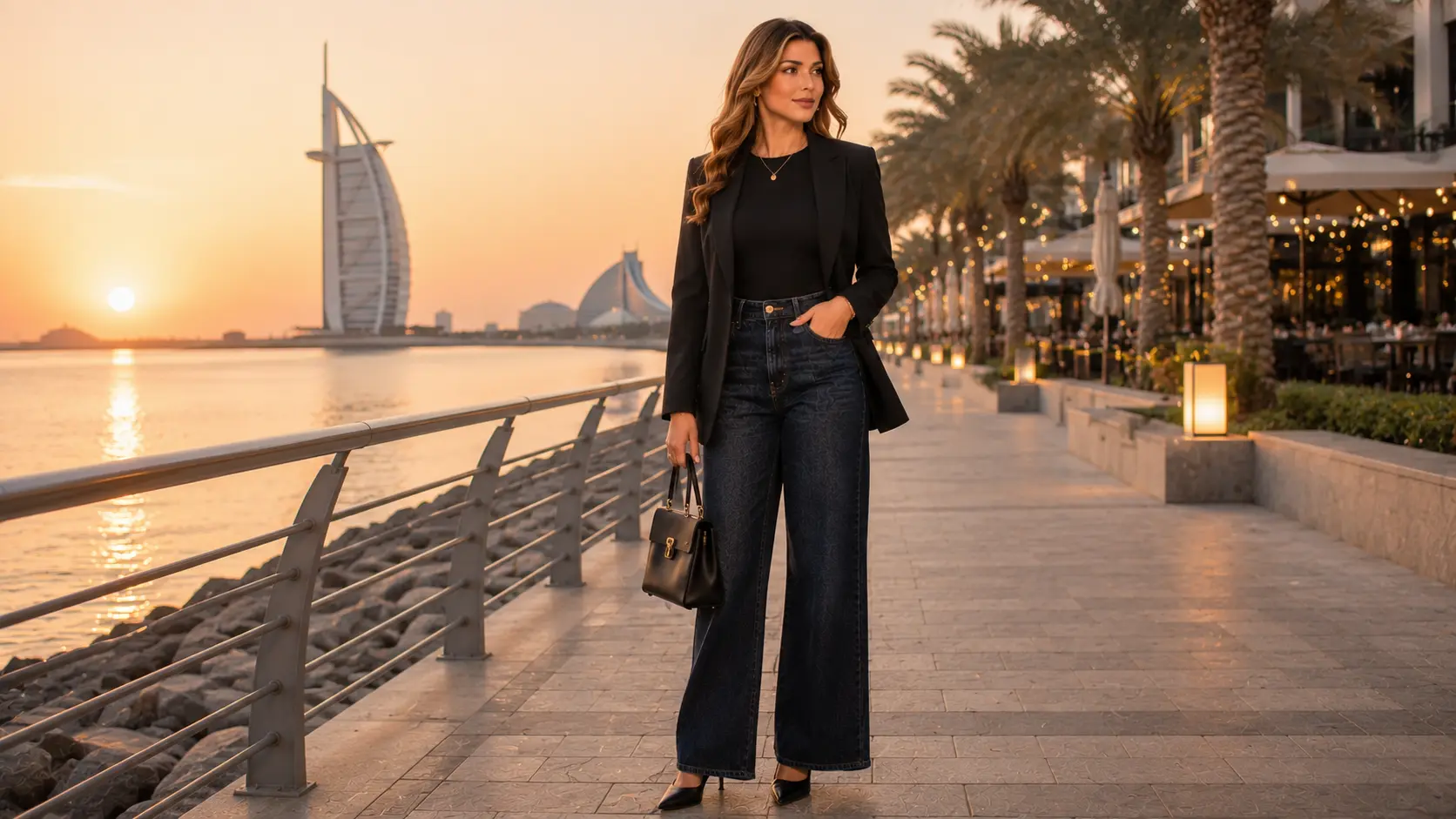 Adult woman wearing wide-leg jeans with blazer and heels on a Dubai waterfront