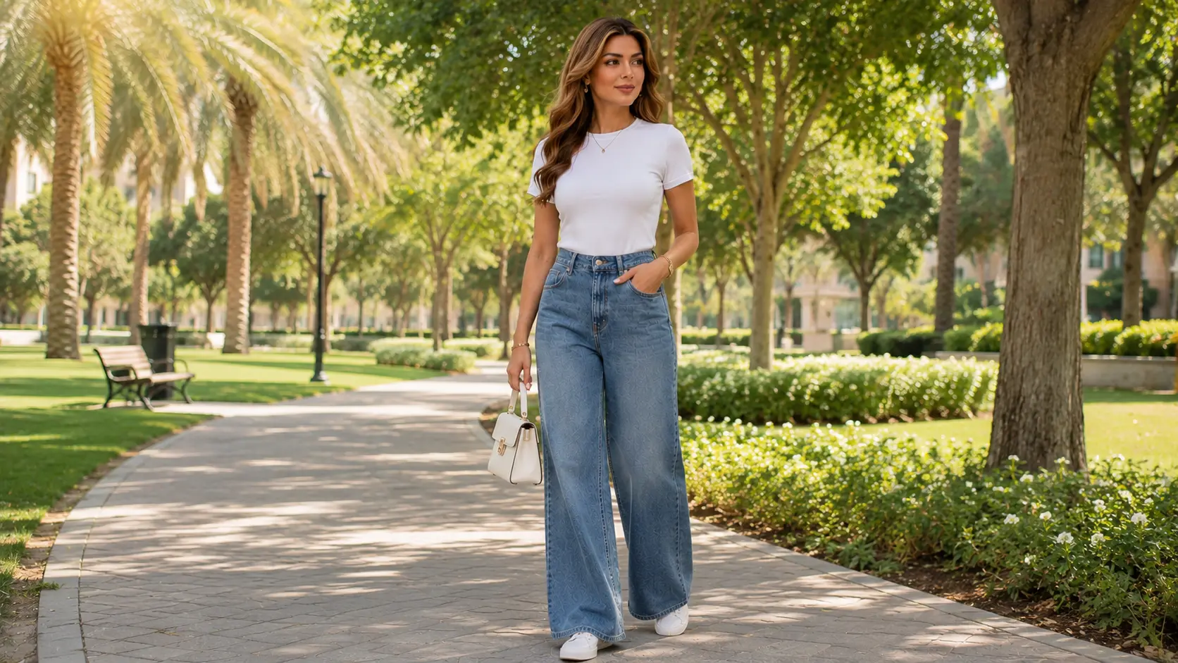 Adult woman wearing wide-leg jeans with fitted white T-shirt in a Dubai park