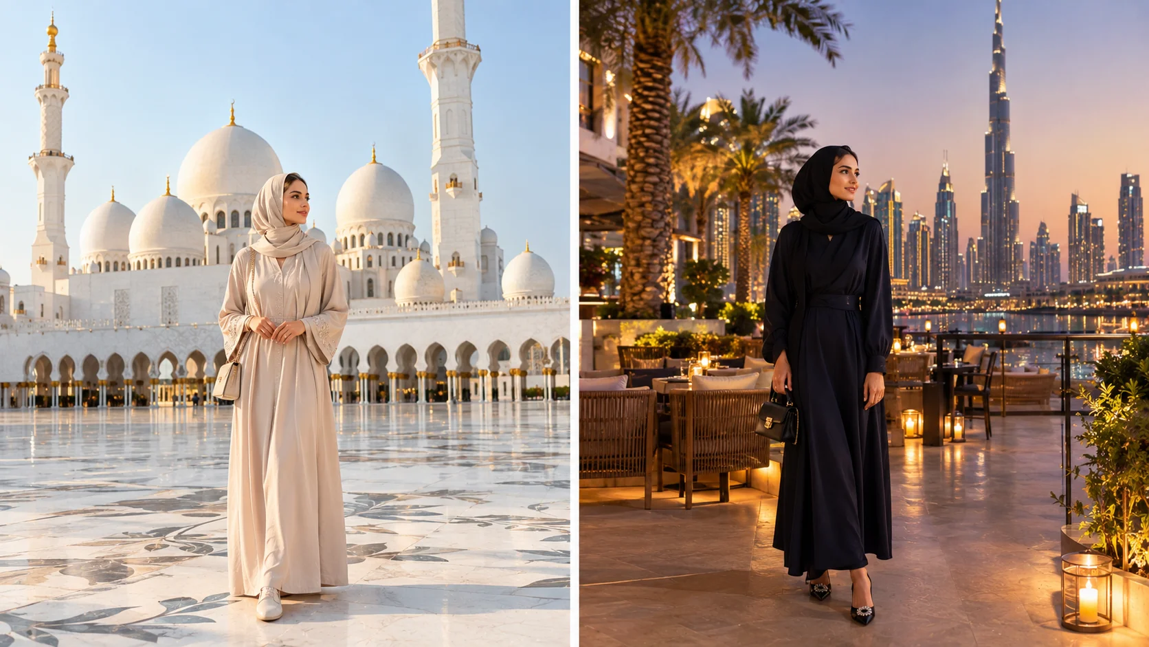 Appropriate mosque and elegant evening outfits for women in Dubai