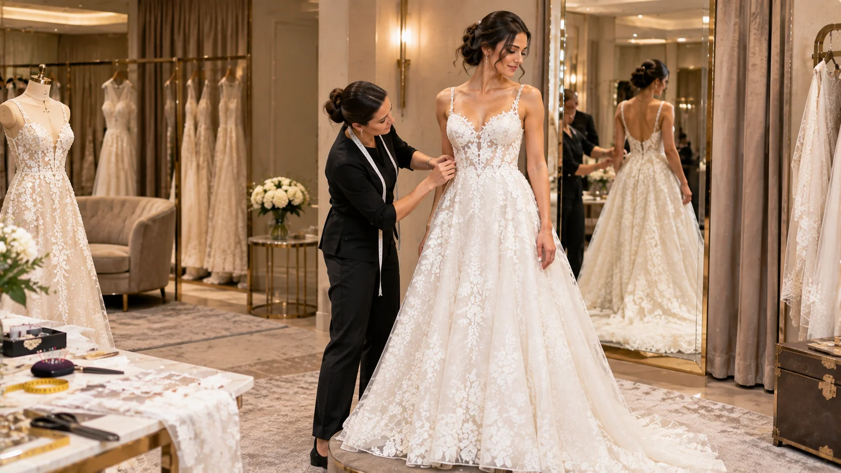 Bridal seamstress adjusting a wedding dress during a final fitting