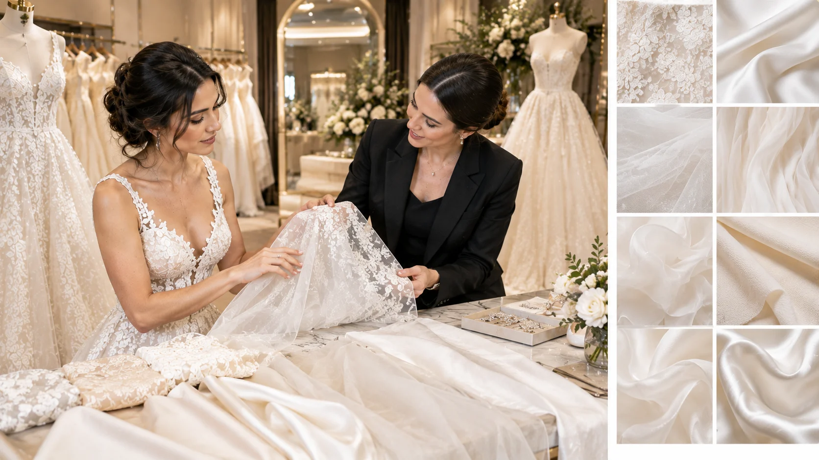 Bride examining lace satin tulle chiffon organza crepe and silk wedding dress fabrics