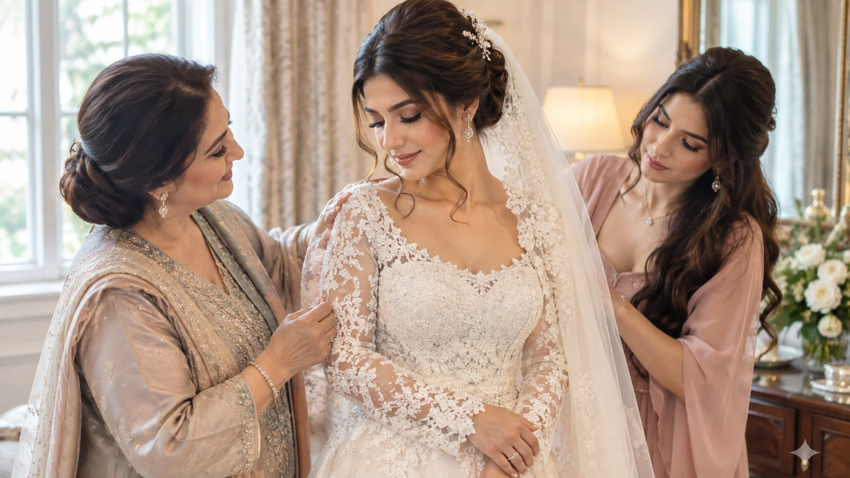 Bride getting ready with family and bridesmaids