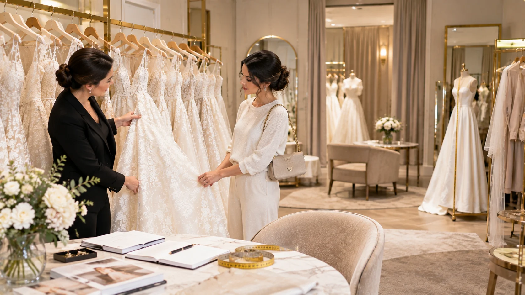 Bride planning ahead and shopping for her wedding dress at a bridal boutique