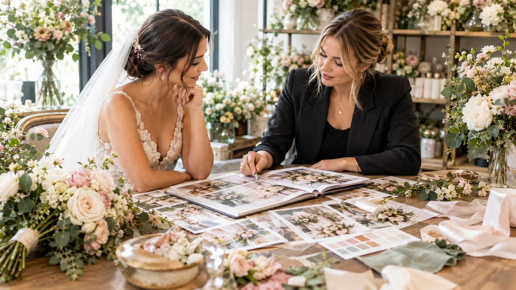 Bride planning wedding flowers with a professional florist