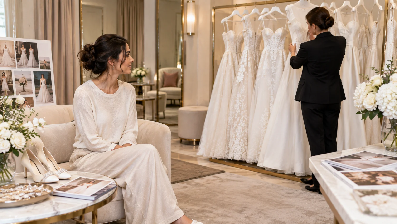 Bride preparing for a wedding dress appointment with comfortable clothing and bridal shoes