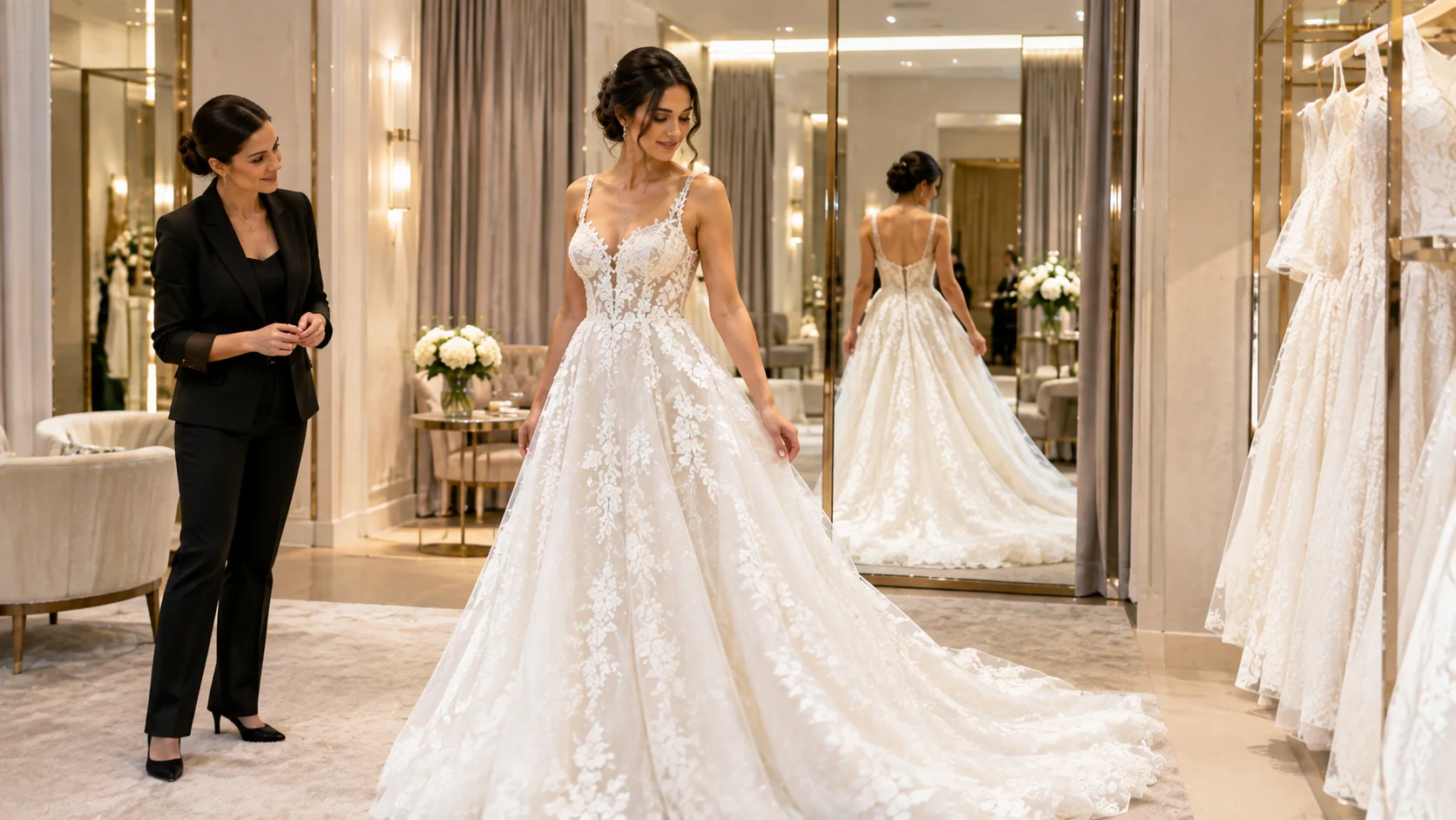 Bride testing the fit and comfort of a wedding dress during a bridal appointment