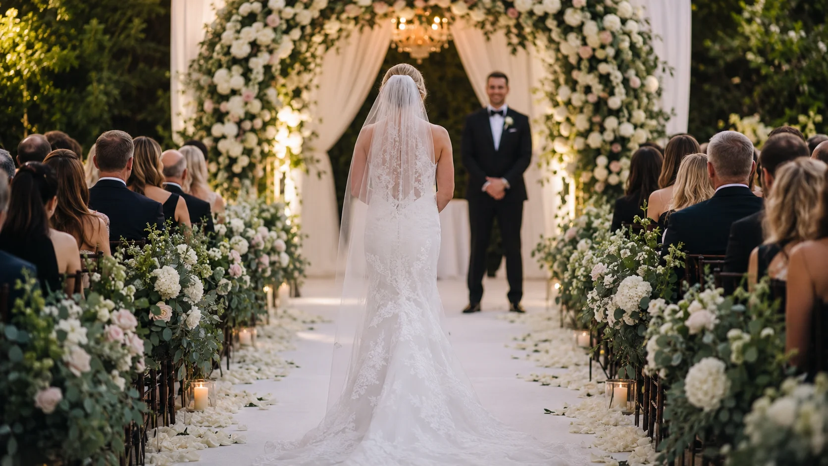 Bride walking down the wedding aisle toward the groom