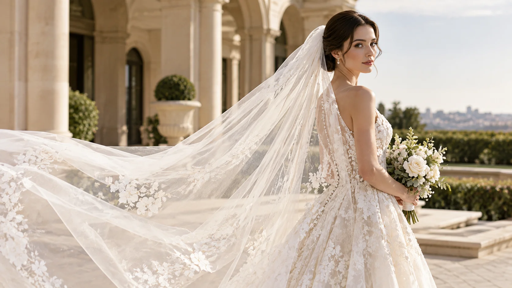 Bride wearing a flowing ivory wedding veil