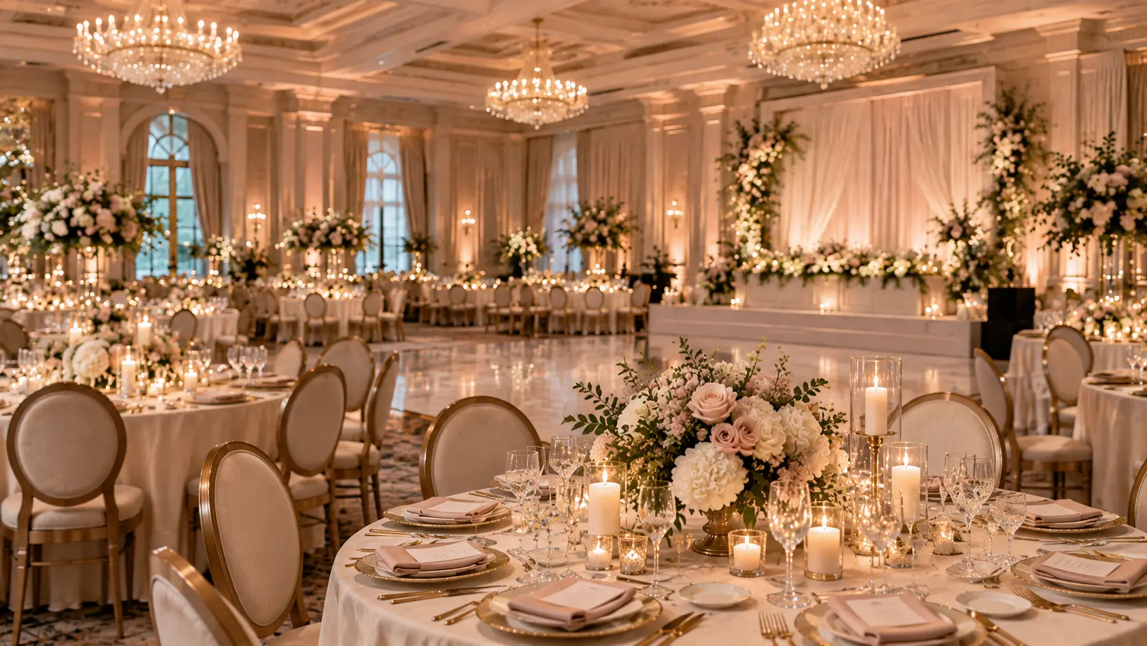 Classic romantic wedding reception with blush flowers and candlelit tables