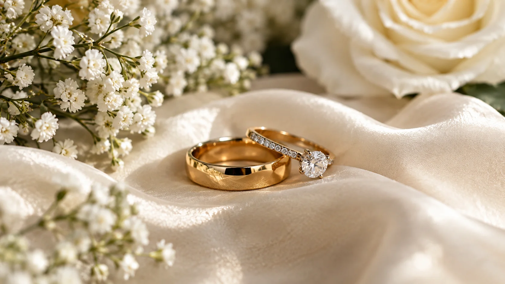 Close-up of elegant wedding rings on ivory silk