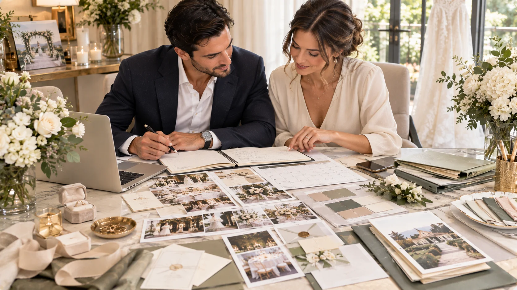 Couple organizing a detailed wedding planning checklist with dates vendors and wedding details
