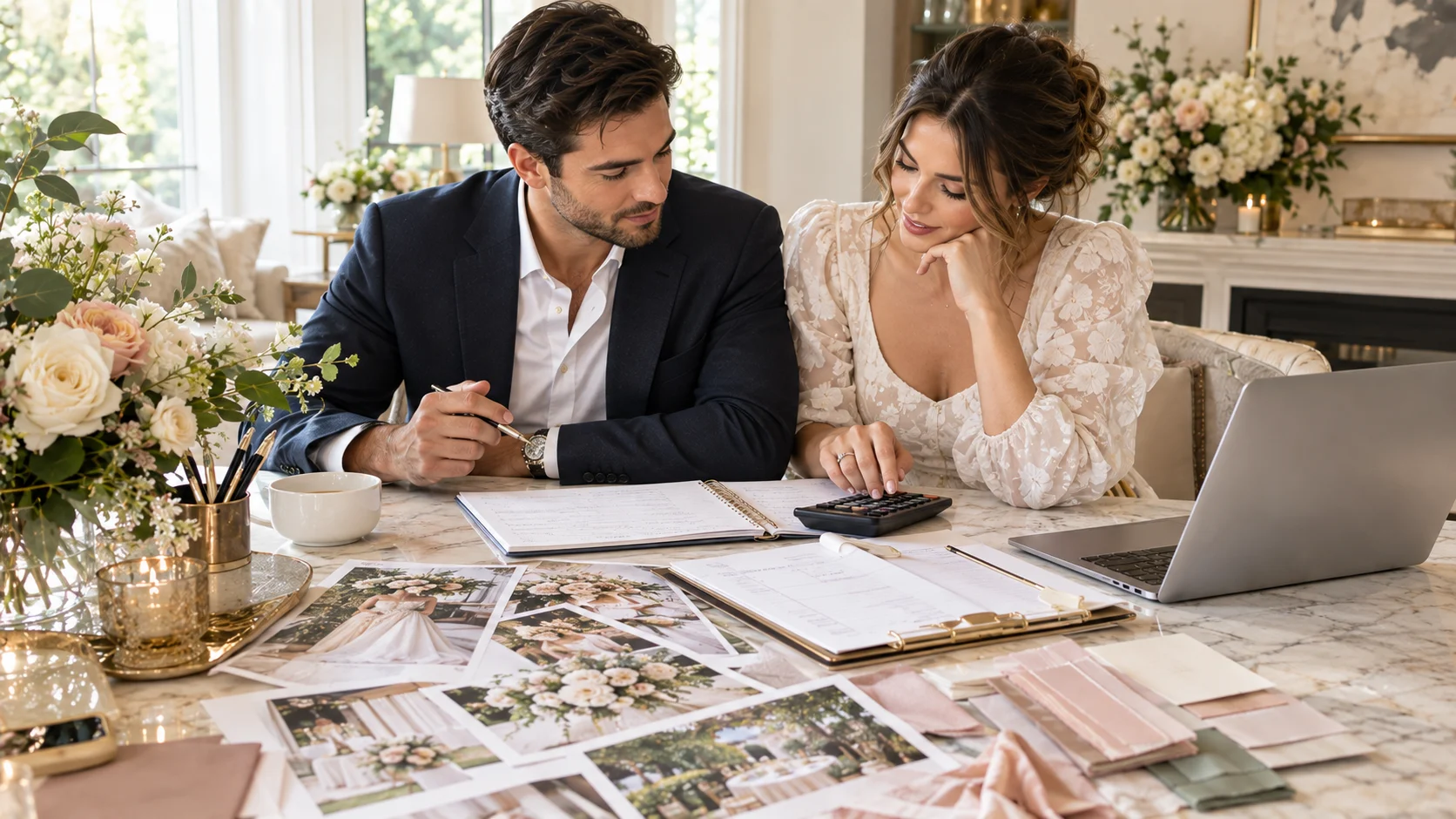 Couple planning a wedding budget with a calculator and notebook