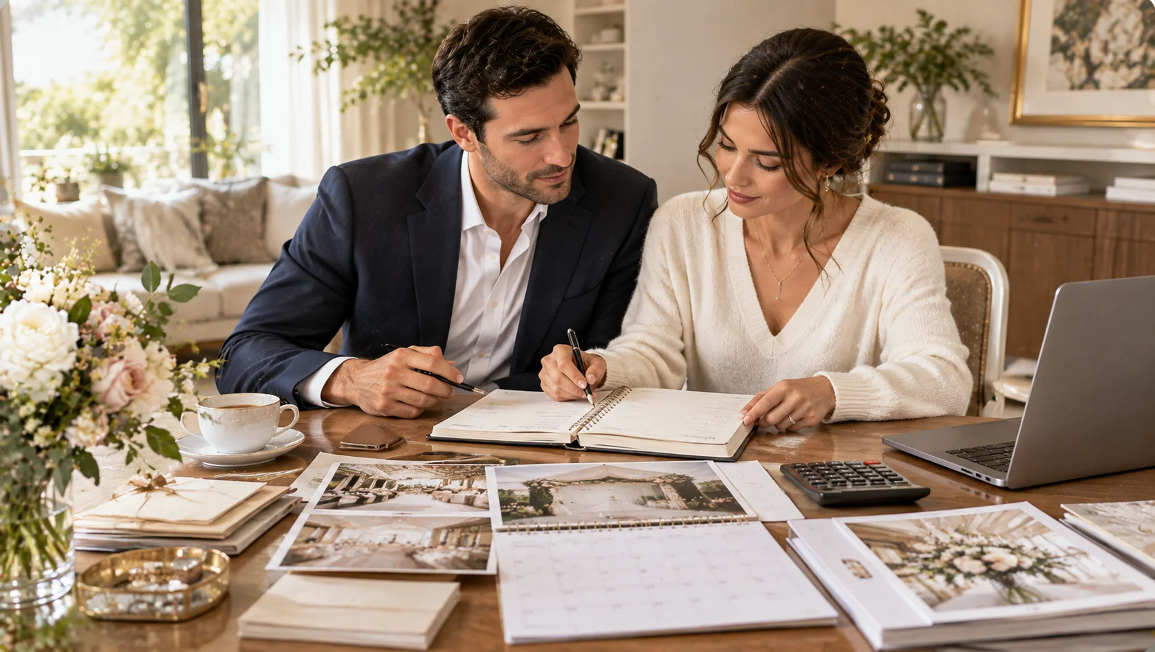 Couple reviewing a budget wedding planning checklist