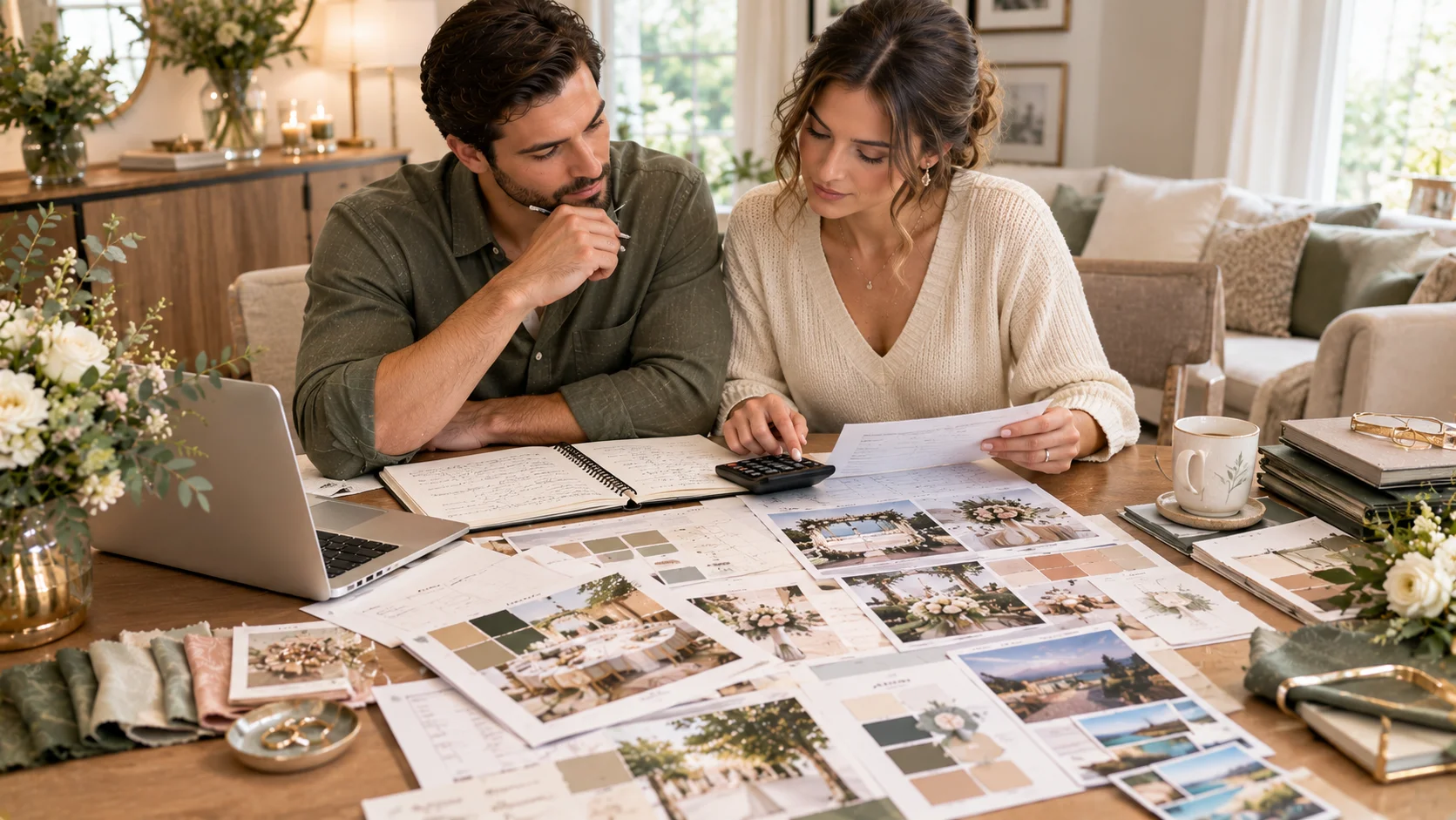 Couple reviewing their wedding budget and organizing major wedding expenses