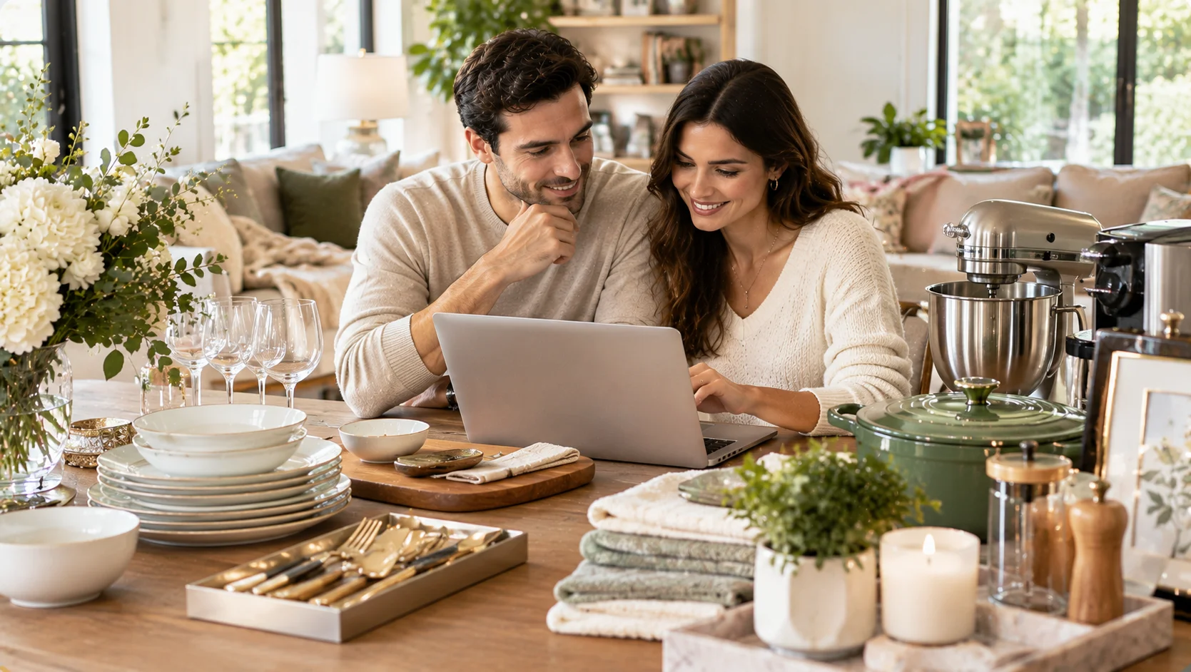 Couple reviewing their wedding gift registry at home
