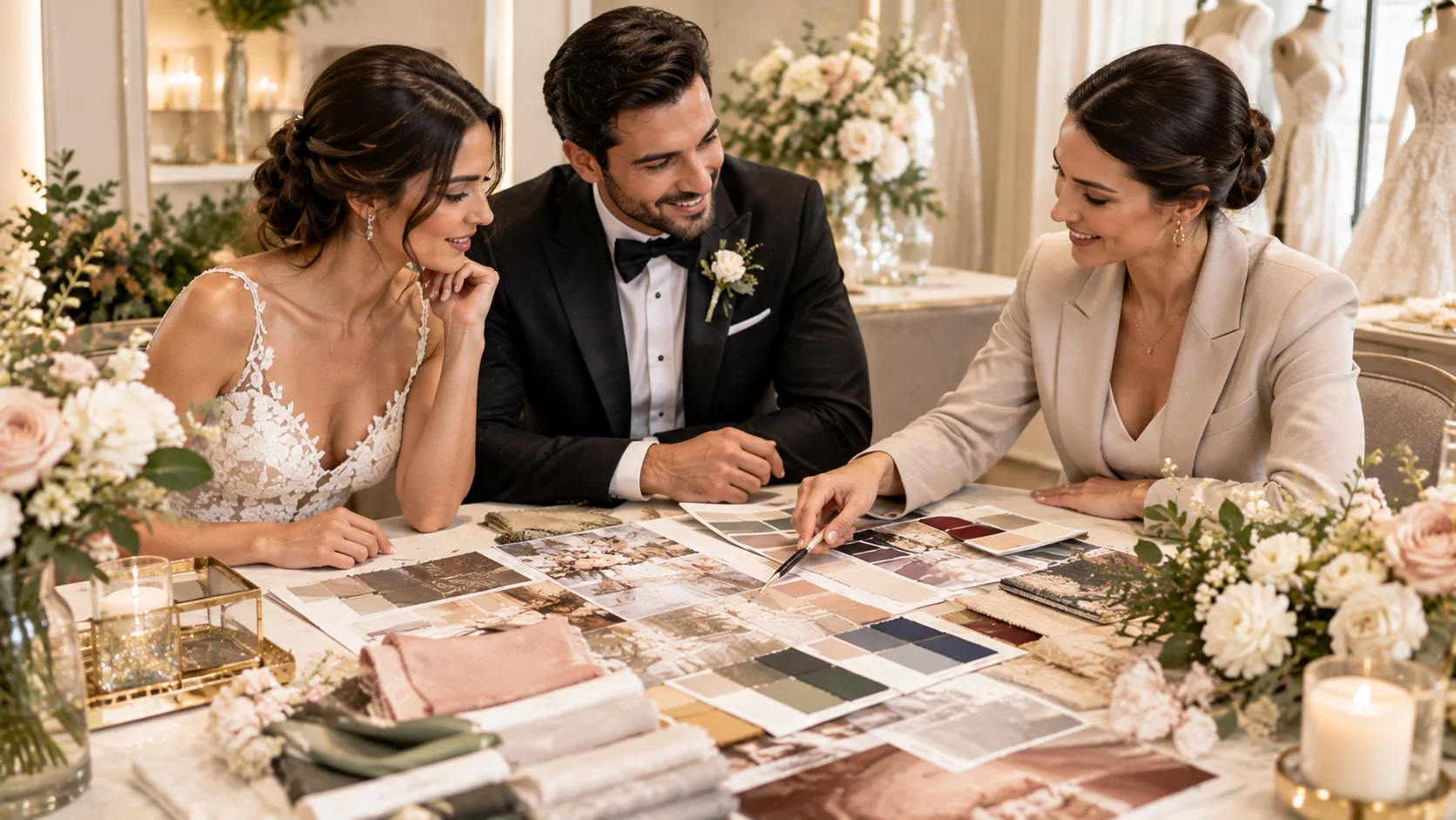Couple selecting wedding colors based on personal style and desired wedding mood