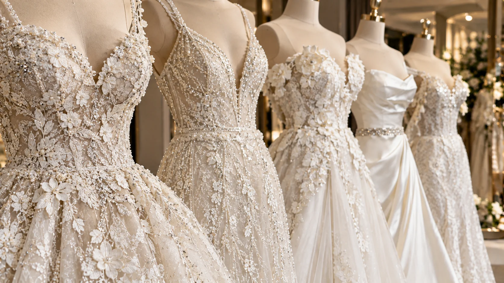Detailed wedding gowns featuring embroidery lace pearls crystals and floral embellishments