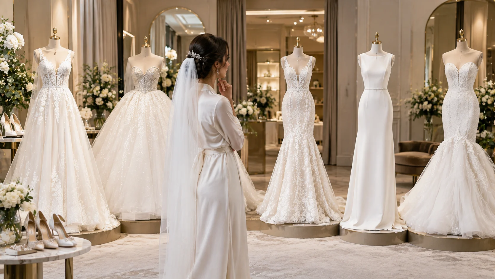 Different wedding dress silhouettes including A-line ball gown sheath and mermaid styles