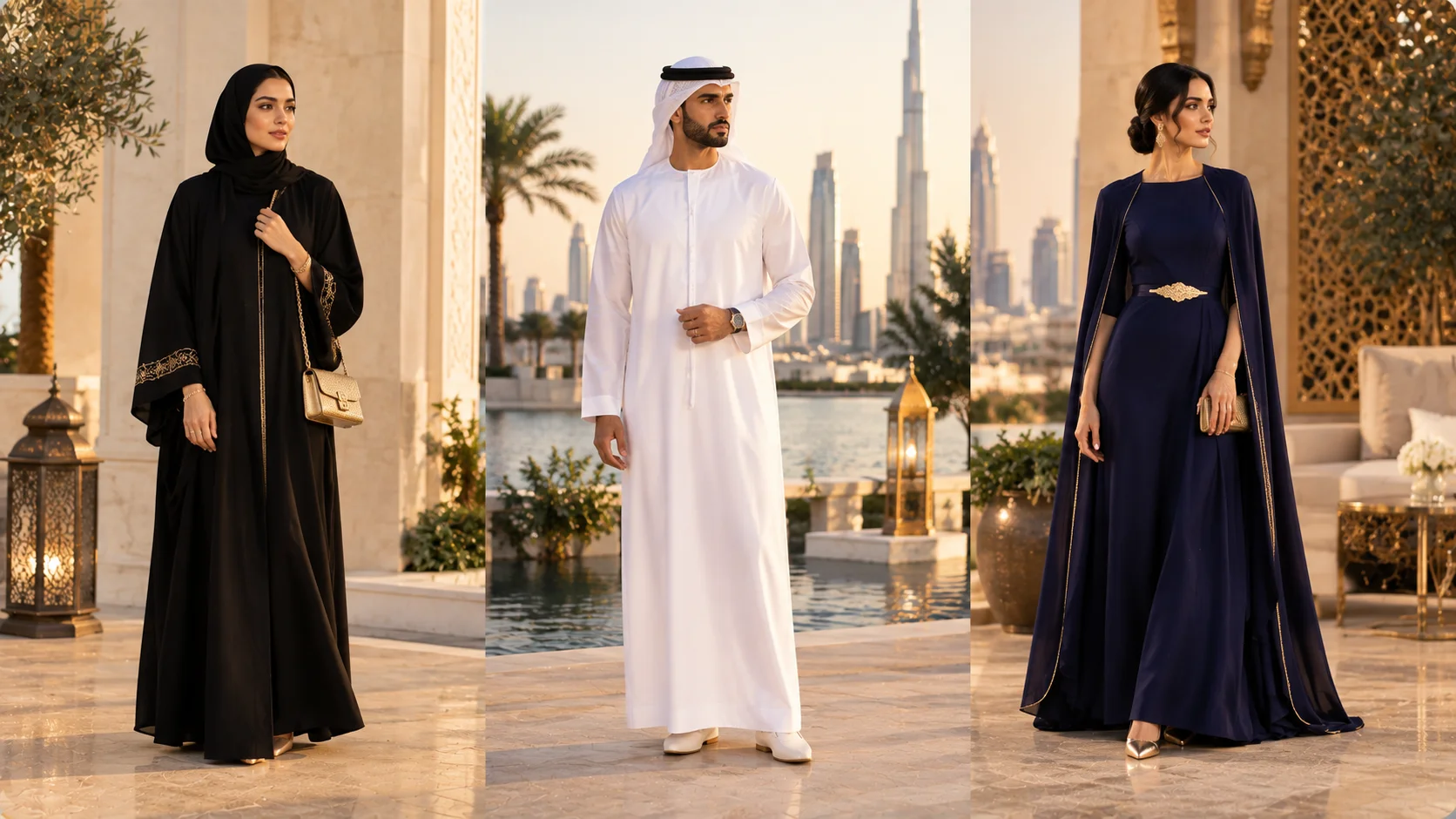 Dubai traditional and formal outfits with coordinated colors