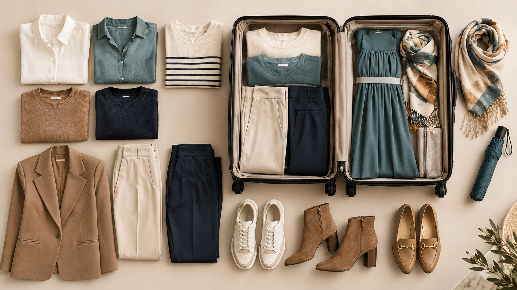 Dubai winter packing checklist with light tops, knits, jacket, trousers, scarf and shoes