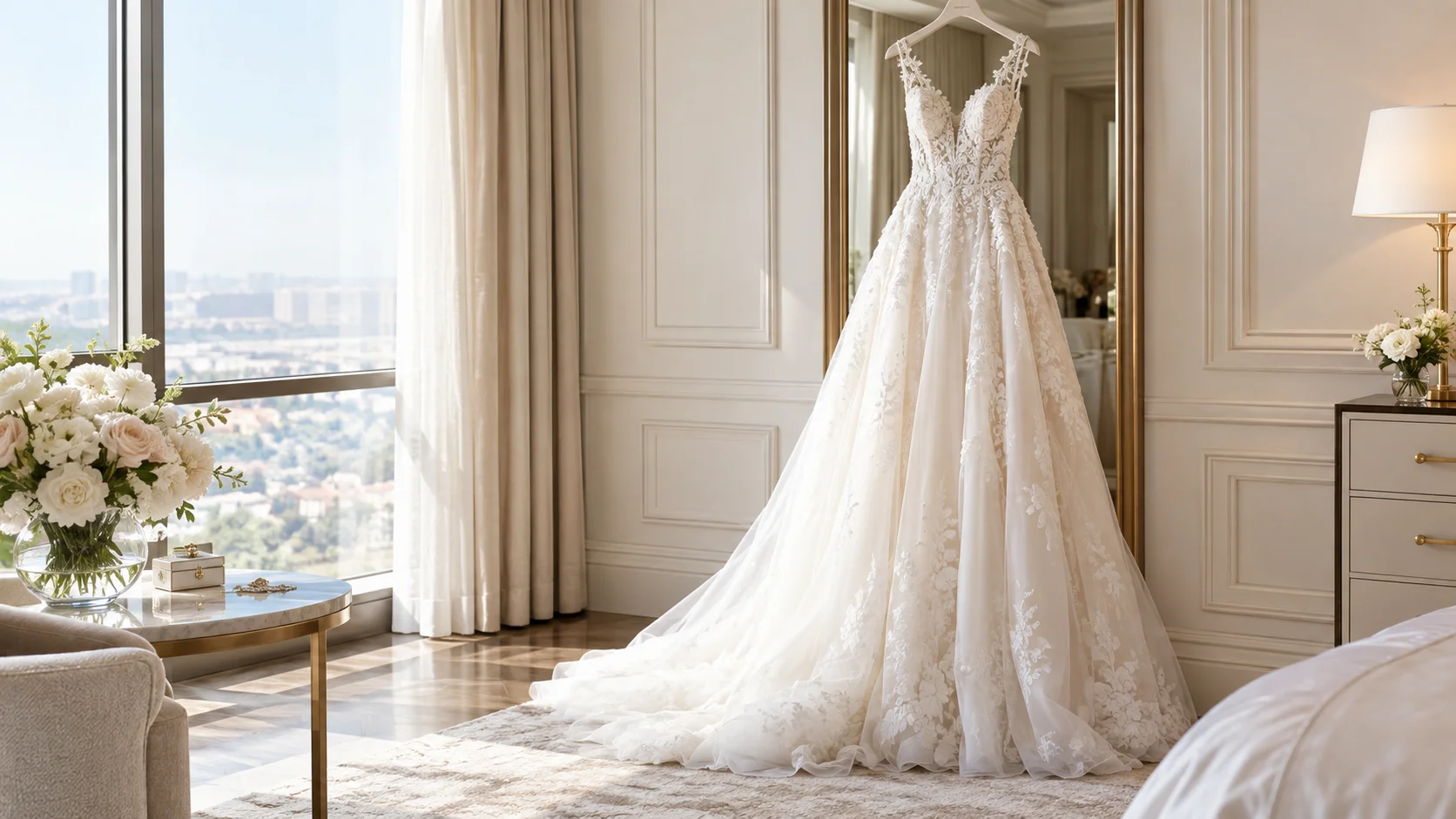 Elegant ivory wedding dress hanging before the ceremony