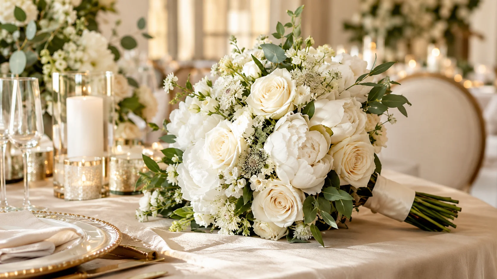 Elegant wedding flower bouquet with white seasonal blooms