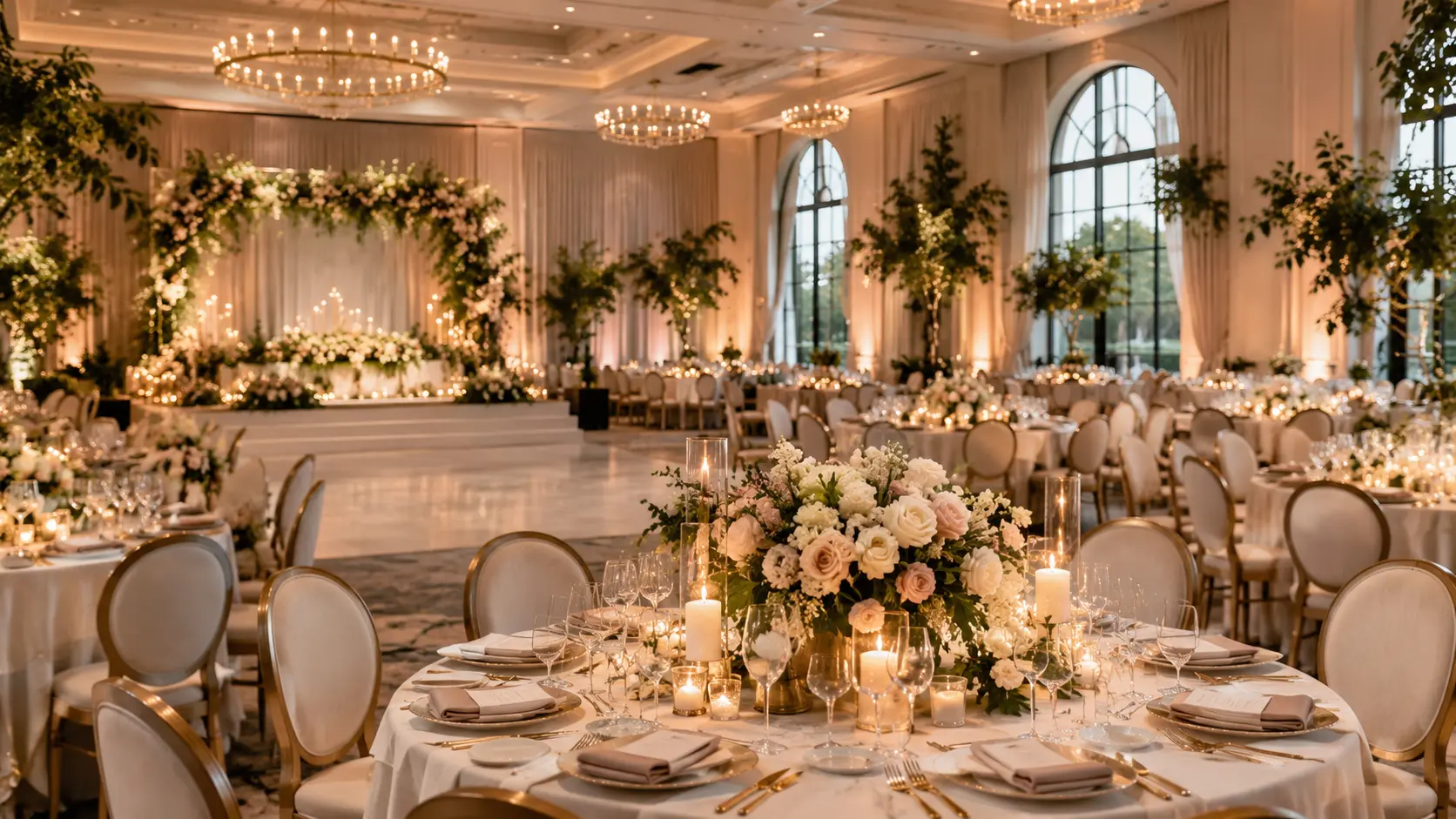 Elegant wedding reception with floral tables and warm candlelight