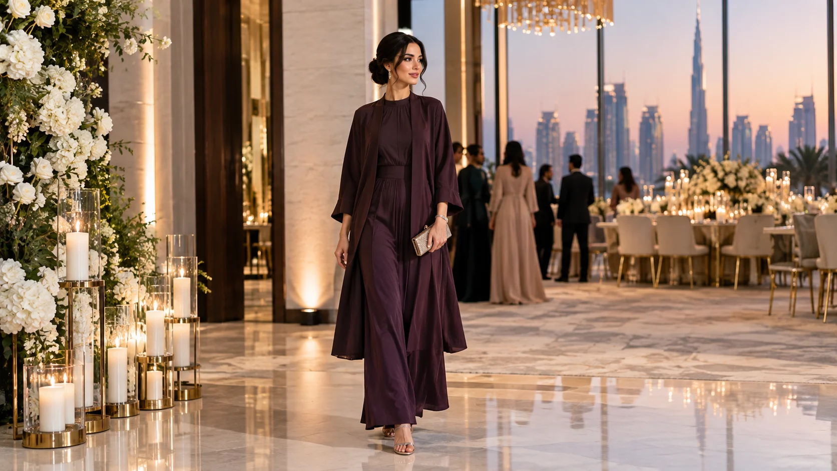 Elegantly dressed wedding guest at a Dubai wedding