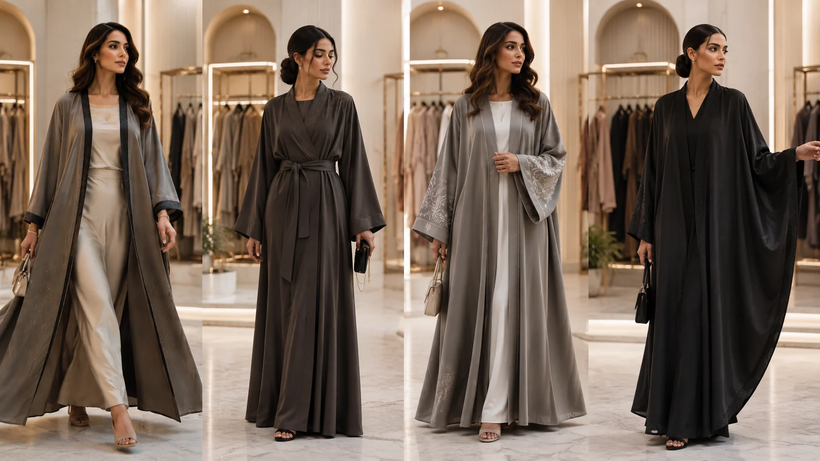 Four modern abaya styles compared: open, wrap, kimono sleeve and butterfly
