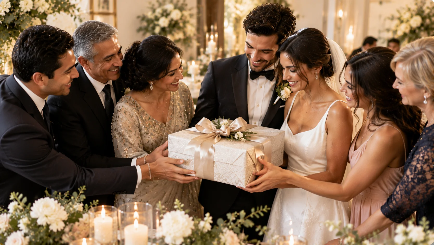 Friends and family giving a wedding gift to newlyweds